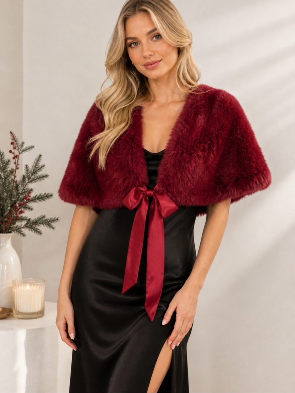 Red Plush Faux Fur Bolero Shawl Cape Satin Tie  Glamorous  Luxe Whimsigoth OS